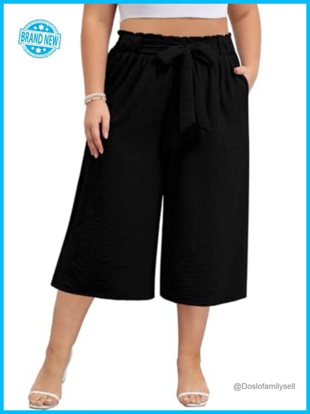 Plus Size Wide Leg Capri Pants High Waisted Adjustable Cropped Palazzo Trousers